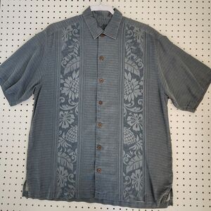 Tommy Bahama Amazon Jacquard Silk Shirt L Blue Pineapple Hibiscus T34762